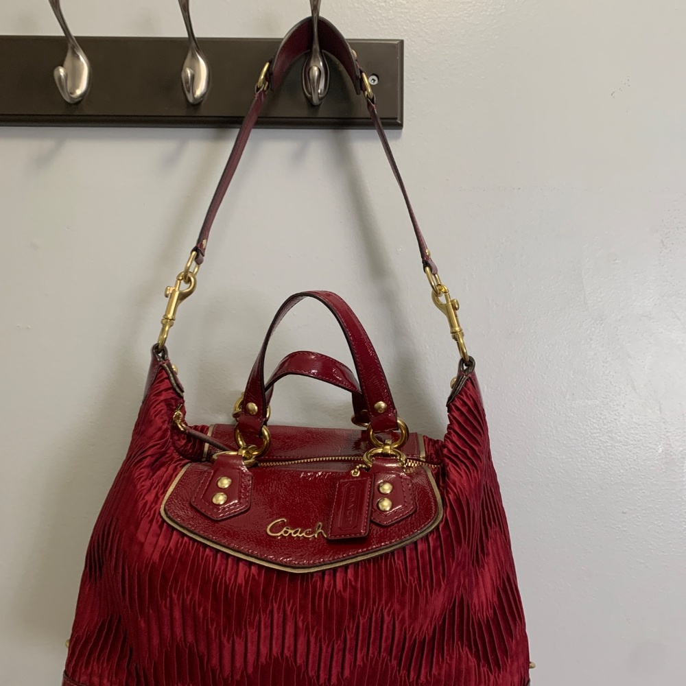Coach Ashley Gathered Satin and Patent Leather Satchel in Bordeaux Med. Burgundy - Picture 10 of 16